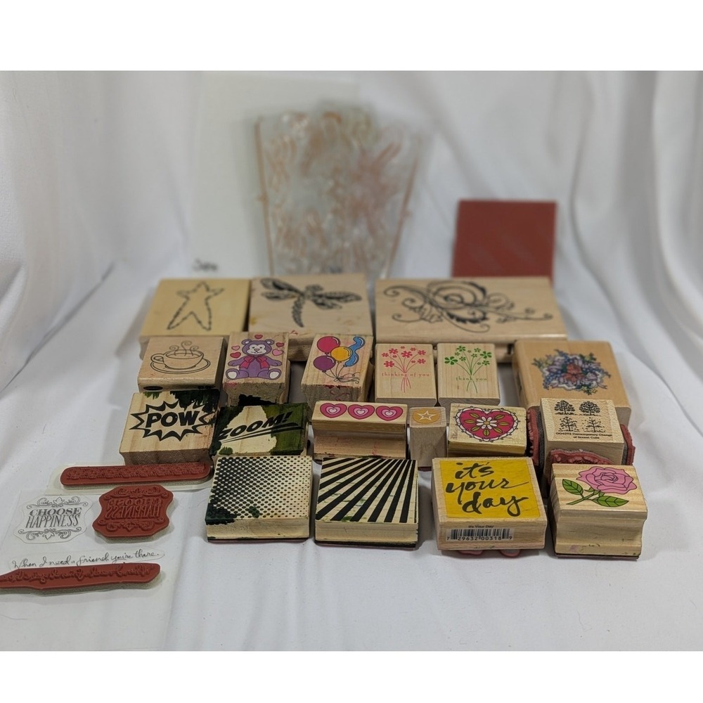 Wooden Rubber Craft Ink Stamp Lot - 23+ items‎ Dragonfly, Trees, Hearts, Flowers